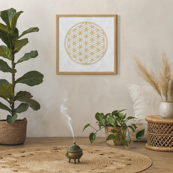 Blume des Lebens – Poster weiß 40 × 40 cm mit Golddruck