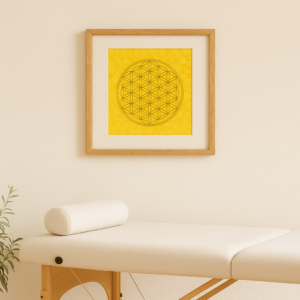 Blume des Lebens – Poster gelb 40 × 40 cm mit Golddruck